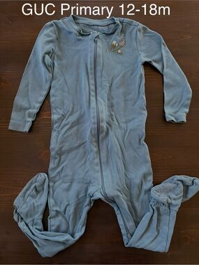 Primary Blue Footed One-Piece Zipper Pajama with Floral Embroidery